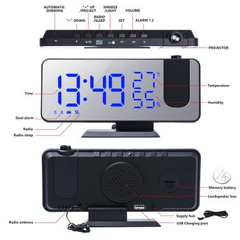 LED Digitalna Budilka Termometer, Higrometer Ogledalo z FM Radio, USB Vmesnik za Namizne Elektronski Namizna Ura Se Lahko Projicira