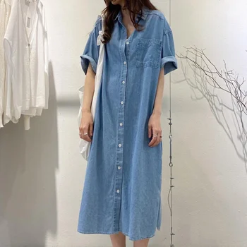 Južna Koreja Elegantna Poletje Obleko River beloprsi Singl Priložnostne Svoboden Multi Pocket Design Nad Kolena Jeansa Obleko