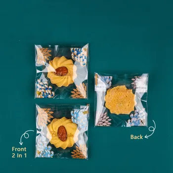 AQ 100 kozarcev/veliko Pregledno Cvetenja Chrysanthemum 2 V 1 Celofan Piškotki Embalaža Vrečko Rumena Modra Cvetlični Vzorec, Slaščičarske Vrečke