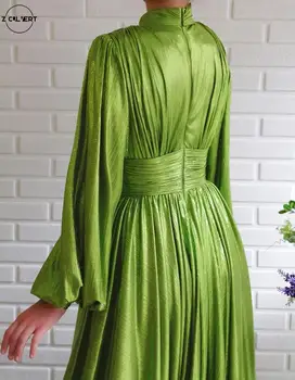 Ženske letošnje jesenske barve 2021 Seksi Avokado Zelena Obleka s pasom, ki je tucked in Izrez Crewneck Poln Rokav Strani Špranjske obleko