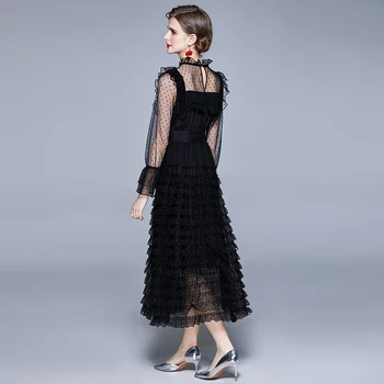 SMTHMA 2021 Novo Pomlad Moda za Ženske Sežgati Rokavi Črne Dolge Obleke Haljo Čipke Votlih Vintage Elegantno Obleko Vestidos