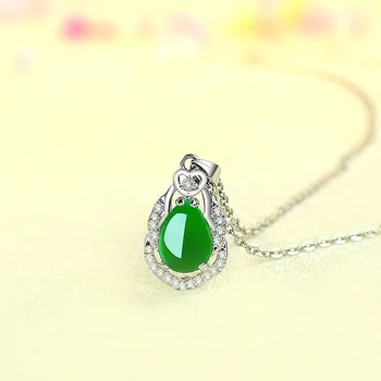Naravni Green Jade Chalcedony Kaplja Vode Obesek 925 Srebrna Ogrlica Kitajski Vklesan Čar Nakit Modni Amulet za Ženske, Darila