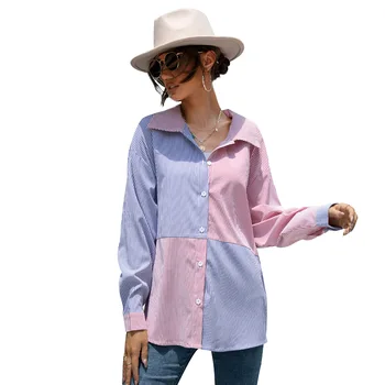 Jeseni Nov Modni Zunaj Trak Barvni Kontrast Preplete Ženska Majica Gumb Dolg Rokav Ulica Priložnostne Znotraj Žensk Bluze