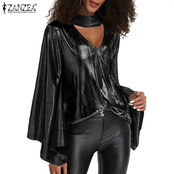 Prevelik Ženske Kovinski Bluze ZANZEA 2021 Moda Priložnostne Poncho Vrhovi Dolg Rokav Blusas Ženski Votlih Tunika Povodcem Vratu Majica