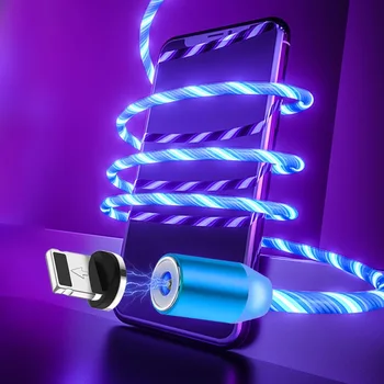 Magnetni USB Kabel 1M LED Svetila, ki Teče Micro USB Tip C Mobilni Telefon Kabli Za Xiaomi mi9 Samsung Svetlo Polnjenje Kabel Za iPhone