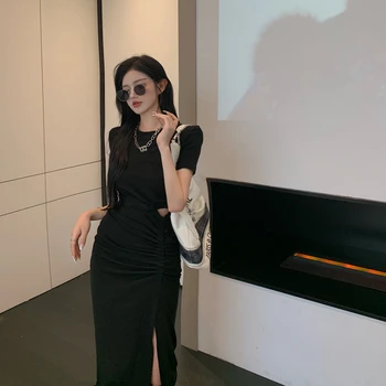Korejski Moda Fairycore Obleko Elegantno Seksi Poletne 2021 Split Design Bodycom Kratek Rokav Slim Midi Plaži Sundresses Za Ženske Y2k