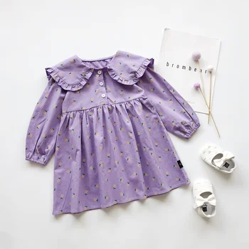 Otroci Cvetlični Vijolično Obleke za Dekleta Malčka Dekle Pade Oblačila Lolita Style Ruffle Ovratnik Obleko za Otroke