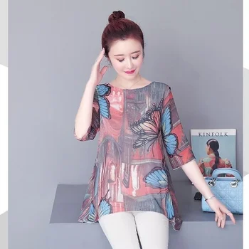 Vintage Šifon Bluzo Ženske Tiskanje Blusas Mujer De Moda Novo Poletje korejskem Slogu 5XL Plus Velikost Tunika Majice, Vrhovi Y513
