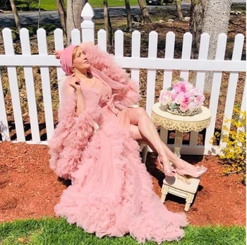 Seksi Blush Pink Glejte Skozi Dolgo Prom Obleke Z Puff Poln Rokavi Maturantski halje Ruffles Stopenjski nosečnica Dolgo Haljo