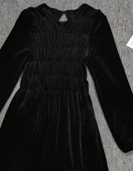 Vrhunska Nova Pasja Dolgo Stranka Večer Vestidos Žensk O-Vratu Naguban Deco Dolg Rokav Black Soft Velur Maxi Obleka Black