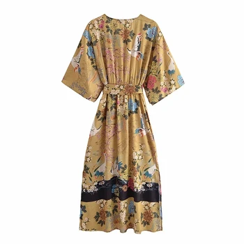 PPYQYKX Za 2021 pomlad in poletje ženska moda in ženske natisnjeni Proti-vrat pasu kimono obleko retro pasu priložnostne žensk stranka obleko split