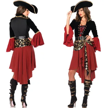 2021 Ženski Karibi Pirati Captain Kostum Halloween Vlogo Igrajo Cosplay Obleko Obleko Gothic Fancy Oblačenja