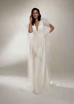Elegantno Saten Proti-Vrat Poročne Obleke 2021 Velik Lok Backless Poročne obleke Preprostim Zamahom Beli Poročni Obleki vestido de noiva