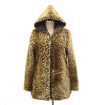 Leopard Natisniti Jopiči za Ženske 2021 Jesen/Zima Nov Modni Faux Kotlovec suknjič Super Debele Srednje Dolžine z Kapuco