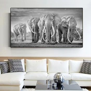 Velika Velikost Sodobne Slon Črede Platno Slikarstvo Živali, Plakatov in Fotografij Črno Belo Steno Sliko za Dnevna Soba Dekoracijo