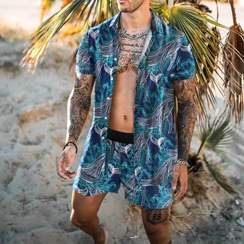 Moški Hawaiian Določa Tiskanje 2021 Poletje NOVO Kratek Rokav Gumb Majica Plaža Hlače Ulične Mens Priložnostne Obleko, 2 Kosa S-4XL