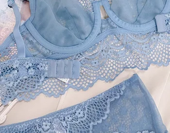 Honviey vezene čipke perilo nastavite s spodnje hlačke s jeklen obroč lenjerie perilo hlače ženske seksi modra srčkan bralette