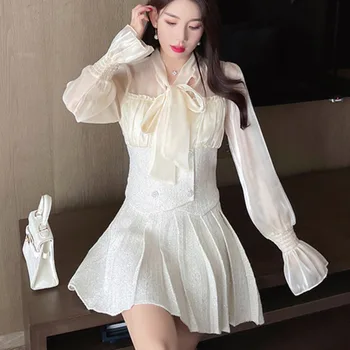 2021 Jeseni Novo Sladko Korejski Elegantno Dva Kosa Iz Ženske Lok Tweed Mozaik Šifon Bluzo Vrh + Mini Krilo Obleke Obleke