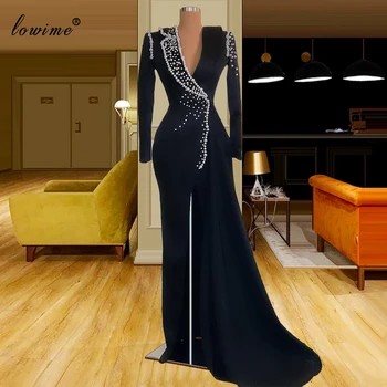 Plus Velikost Black Formalno Večerne Obleke Z Biseri Letnik Dolge Rokave Poročno Zabavo, Obleke Za Ženske Turški Couture Vestidos