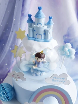 Gradov v Oblakih Mavrice Fant, Dekle je Modra Torto Pokrivalo Angel Srečen Rojstni dan Torta Dekoracijo Krono za Dan Otrok Stranka Dobave