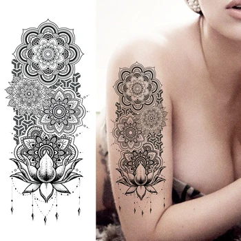 Črno Kano Začasne Tetovaže Nalepke Realne Ponaredek Nakit Mandala Flower Tetovaže Za Ženske Seksi Dreamcatcher Body Art Papir