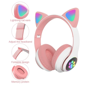 Mačje Uho Slušalke Bluetooth 5.0 Bas šumov Odrasli Otroci Dekle Slušalke Podpira TF Kartice Mic Lahko nadzor LED Čelada Darilo