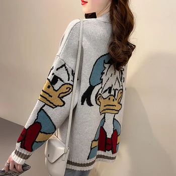 Disney Ženske Pleteni Pulover Jopico Gumb Kawaii Donald Duck Pozimi 2022 Priložnostne Plašč Risanka Tiskanja Svoboden Pletenine Ulične