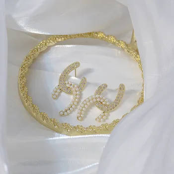 14k Resnično Zlata Modni Nakit Mikro-vdelan Cirkon Pearl Verige Luksuznih Uhani za Ženske Sijaj Počitnice Stranka Dnevno Stud Uhan