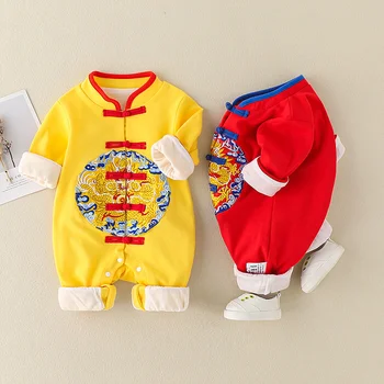Visoko Kakovost Vezene Baby Romper Kitajski Retro Slogu Sponke Novorojenčka Jumpsuit Tradicionalnih Zmaj Novo Leto Rdeči Tang Obleko