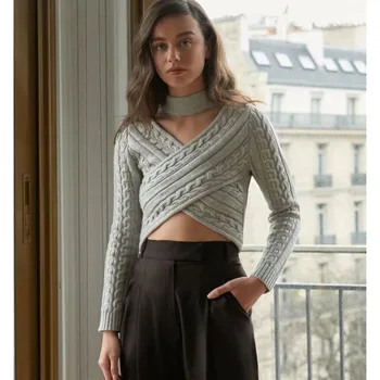 Siva twist pleteni pulover ženske ins blogger križ slim dolgimi rokavi pulover 2021 jeseni nova