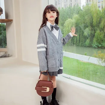 Dekleta mid-dolžina pletene cardigan 2021 nove jesensko deklica slog pulover plašč