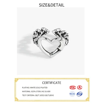 925 Sterling Silver Obroči Za Ženske Srce Oblika Stiski Odpiranje Ročno Preproste Zasnove INS Trendy Fine Nakit