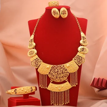 Dubaj Luksuzni poročni nakit set 24K Zlata Barva Afriške Poroka poročni zapestnico, ogrlico, uhane, prstan nakit set za ženske