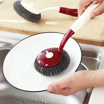 Kuhinja dolg ročaj jekleno kroglico za pranje pot krtačo jed krtačo močna čistilna ščetka za razmaščevanje plastike