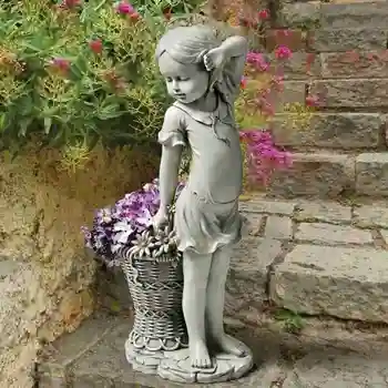 Zunanji Vrt Okraski Okraski Cvet Dekle Kip Figur Košarico Dvorišče Travnik Dekor Kiparstvo Vaza