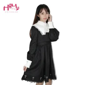 2021 Japonski Harajuku Black Lolita Vintage Obleke Za Luštna Punca Gothic Cosplay Cross-Oblikovane Ženske Dolg Rokav Kawaii Obleko