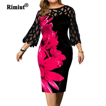 Rimiut Ženske Plus Velikost Moda Jeseni Obleke, Casual Urad Dama Natisnjeni Cvet Čipke Obleko Črne Stranka Big Velikost Mini Obleka
