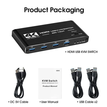 8K HDMI je združljiv Splitter 4K Stikalo KVM stikalo USB 2 in1 Preklopnik Za računalniški monitor, Tipkovnico In Miško EDID / HDCP Tiskalnik