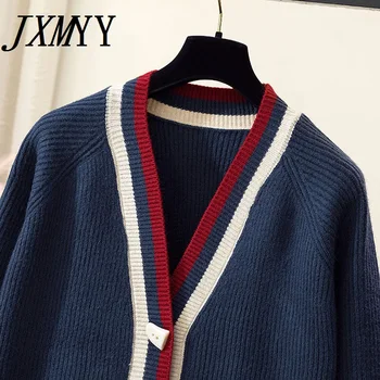 JXMYY Jesen/Zima 2021 Novo Pletene Cardigan Fashion Color Matching V-Neck Top Ohlapna Vse-Tekmo Pulover