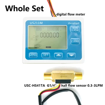 US211M Digitalni merilnik Pretoka Zaslon z USC-HS41TA SUS304 Merilnik Pretoka Totalizer za Merjenje Pretoka 0.3-3 L/min Obseg G1/4