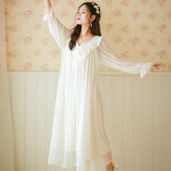Viktorijanski Obleko Noč Ženske Pravljice Spanja Obleki Beli Očesa Modal Dolgo Letnik Nightgowns Princesa Sleepwear Čipke Peignoir More