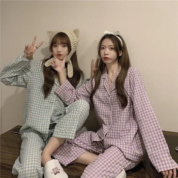 QWEEK Kariran Hlačni Kostimi za Ženske Pižame 2 Delni Set Pyjama Pour Femme Poletje Jesen Pijamas Feminino korejski Soba Obrabe