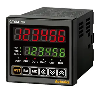 CT6M-2P2 Števec/Časovnik, W72xH72mm, 6-Mestno, LED, 2 Prednastavitev, PNP ali NPN Vhod, Prescale nastavitev vrednosti, Serijski, 2 Rele SPDT(1c)+SPS