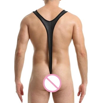 Seksi spodnje Perilo Moški Undershirts Umetno Usnje Erotično T-nazaj Bodysuits Jermenov Singletnega Latex Jumpsuit Leotard Fetiš, Geji, spodnje Perilo