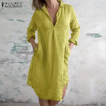 Stilsko Majico, Obleko Jeseni Elegantne Ženske V Vratu Long Sleeve Solid Bombaž Sundress 2021 ZANZEA Haljo Femme Ženske OL Delo Vestidos