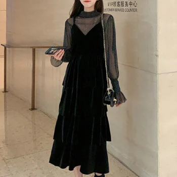 Korejski 2021 Jeseni Chic Elegantno Obleko Ženske Večer Stranka Čipke Črnega Oblikovalec Obleko Ženski Priložnostne Gothic Seksi En Kos Obleke