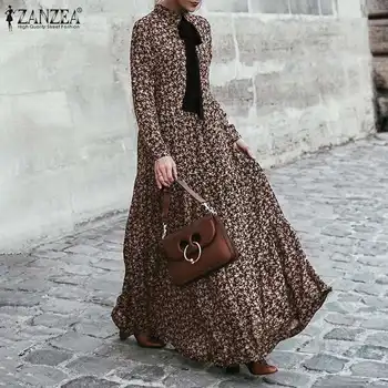 2021 Jeseni Mode Stranka Obleke, Ženske francoski Elegantno Dolgo Obleko Maxi ZANZEA Bohemian Tiskanja Ruffle Haljo Longue Počitnice Vestidos