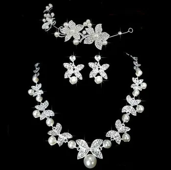 Modno Oblikovanje Cvet Kristalno Pearl Nevesta 3pcs Komplet Ogrlica, Uhani Tiara Poročne Poročni Nakit Set Pribor Za Ženske