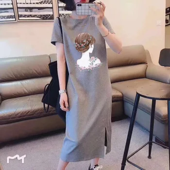 Bombaža, Plus Velikost Obleko Nove Obleke Za Ženske Poletje 2021 Moda Kritje Trebuh Dolgo Kratek Rokav T-Shirt Obleko
