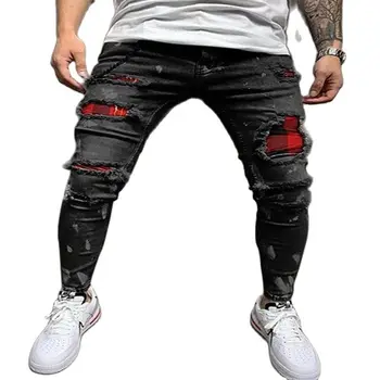 Nova Moda za Moške Mrežo Berač PatchesSlim Stretch Fit Jeans Priložnostne Denim Svinčnik Hlače Slikarstvo Ulični Tek Ripped Kavbojke Moški